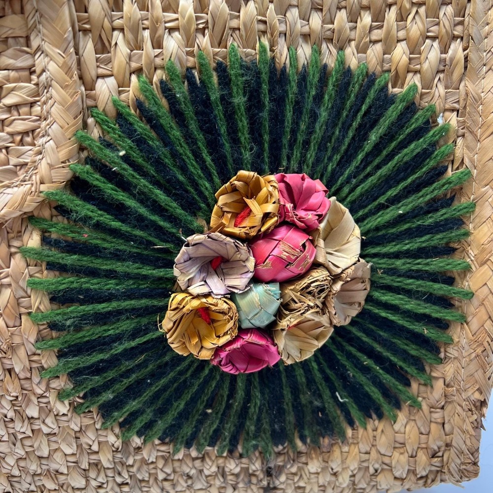 Vintage Woven Straw Tote Bag Floral 3D Raffia Embroidery Boho Beach Large Tan - Picture 2 of 16